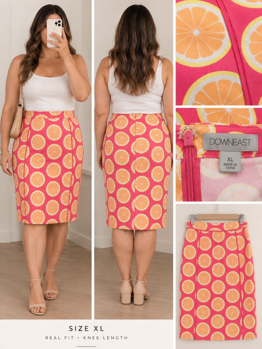 DownEast Pink Citrus Circle Print Pencil Skirt